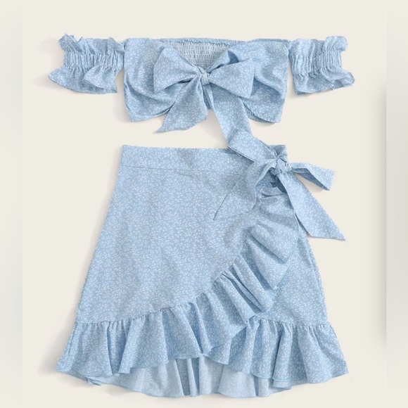 SHEIN Tied Front Shirred Back Bardot Top and Ruffle Skirt Set - Picture 1 of 2